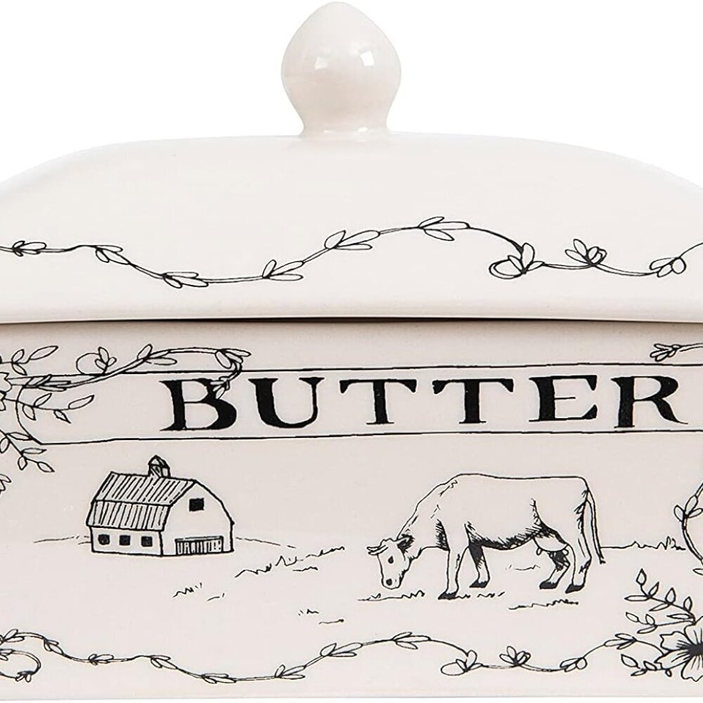 Country Stoneware Butter Dish with Lid, "Spread the Love" Message, and Farm Line